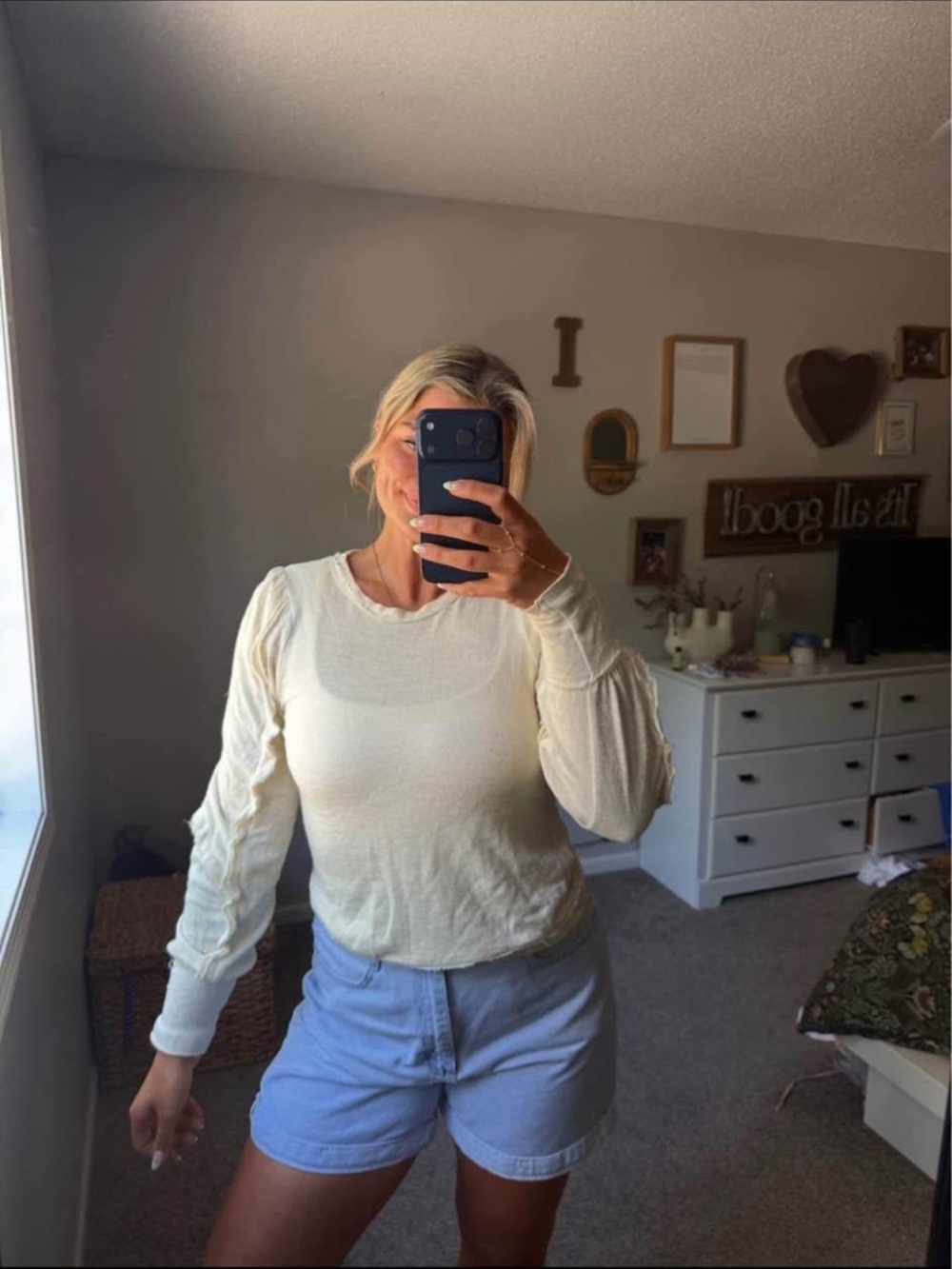 Pilcro Cream Long Sleeve Puff-Sleeve Top
